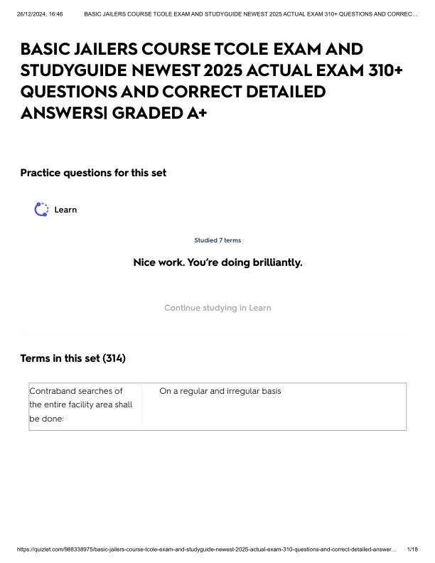 BASIC JAILERS COURSE TCOLE EXAM AND STUDYGUIDE NEWEST 2025 ACTUAL EXAM 310+ QUESTIONS AND CORRECT DETAILED ANSWERS_ GRADED A+.pdf