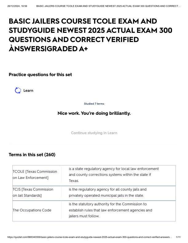 BASIC JAILERS COURSE TCOLE EXAM AND STUDYGUIDE NEWEST 2025 ACTUAL EXAM 300 QUESTIONS AND CORRECT VERIFIED ÀNSWERS_GRADED A+.pdf