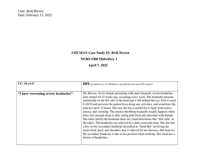 I-HUMAN Case Study #2 Beth Brown NURS 5308 Midwifery 1 April 5, 2022 (1)