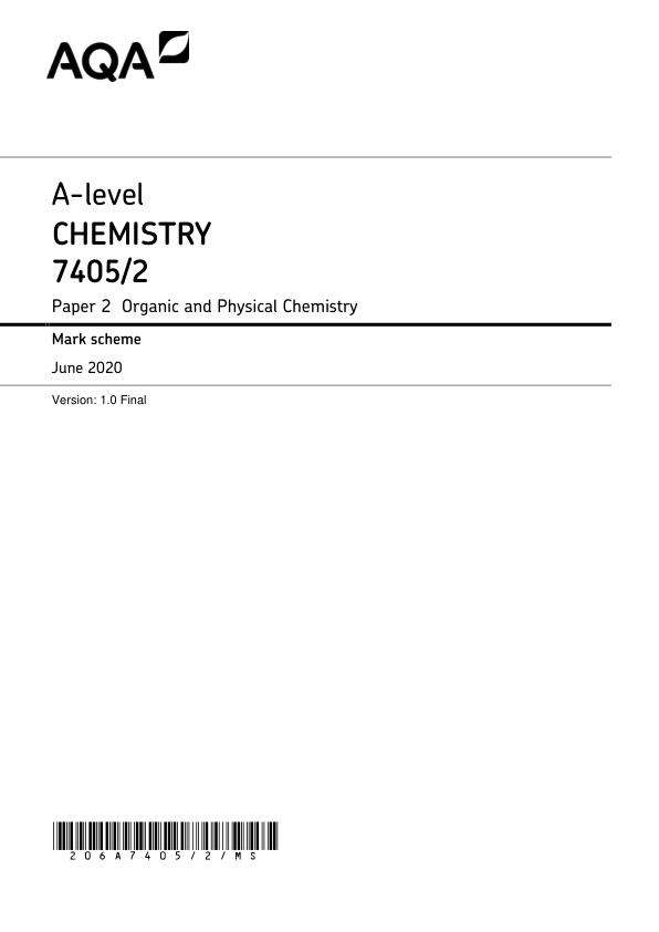 AQA A-level CHEMISTRY 7405,2 Paper 2 Organic and Physical Chemistry