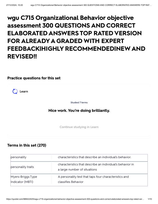 wgu C715 Organizational Behavior objective assessment 300 QUESTIONS AND CORRECT ELABORATED ANSWERS TOP RATED VERSION FOR ALREADY A GRADED WITH EXPERT FEEDBACK_HIGHLY RECOMMENDED_NEW AND REVISED!!.pdf