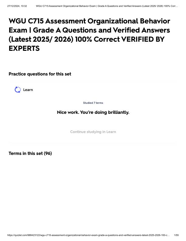 WGU C715 Assessment Organizational Behavior Exam _ Grade A Questions and Verified Answers (Latest 2025_ 2026) 100% Correct VERIFIED BY EXPERTS.pdf