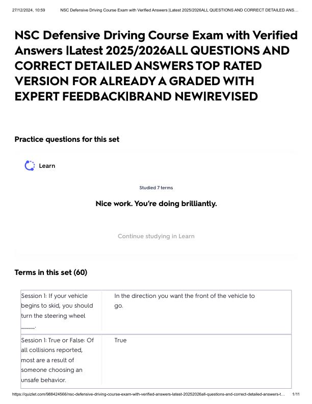 NSC Defensive Driving Course Exam with Verified Answers _Latest 2025_2026ALL QUESTIONS AND CORRECT DETAILED ANSWERS TOP RATED VERSION FOR ALREADY A GRADED WITH EXPERT FEEDBACK_BRAND NEW_REVISED.pdf