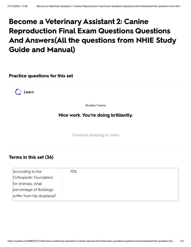 Become a Veterinary Assistant 2_ Canine Reproduction Final Exam Questions Questions And Answers(All the questions from NHIE Study Guide and Manual).pdf