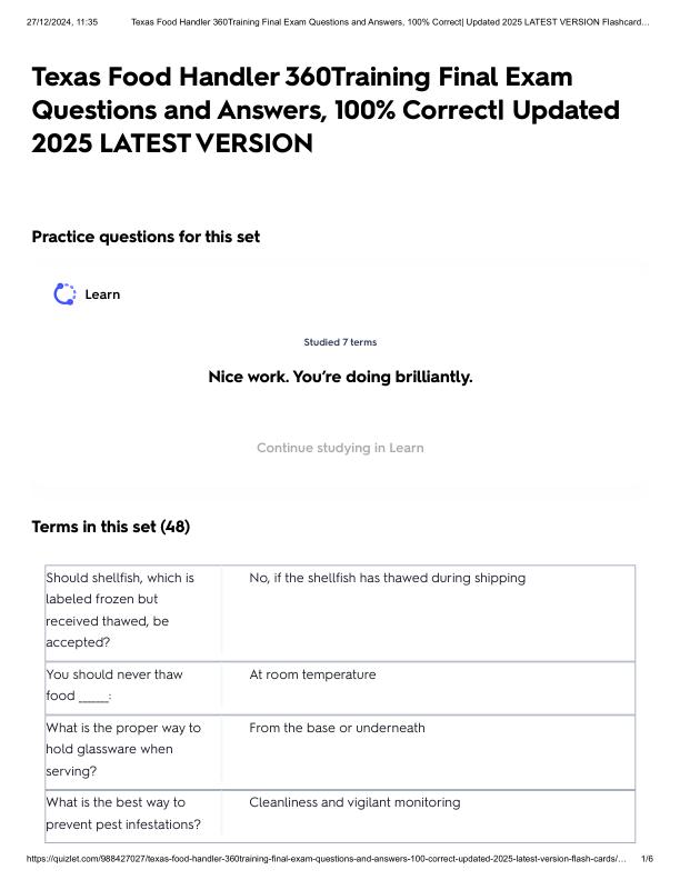 Texas Food Handler 360Training Final Exam Questions and Answers, 100% Correct_ Updated 2025 LATEST VERSION.pdf