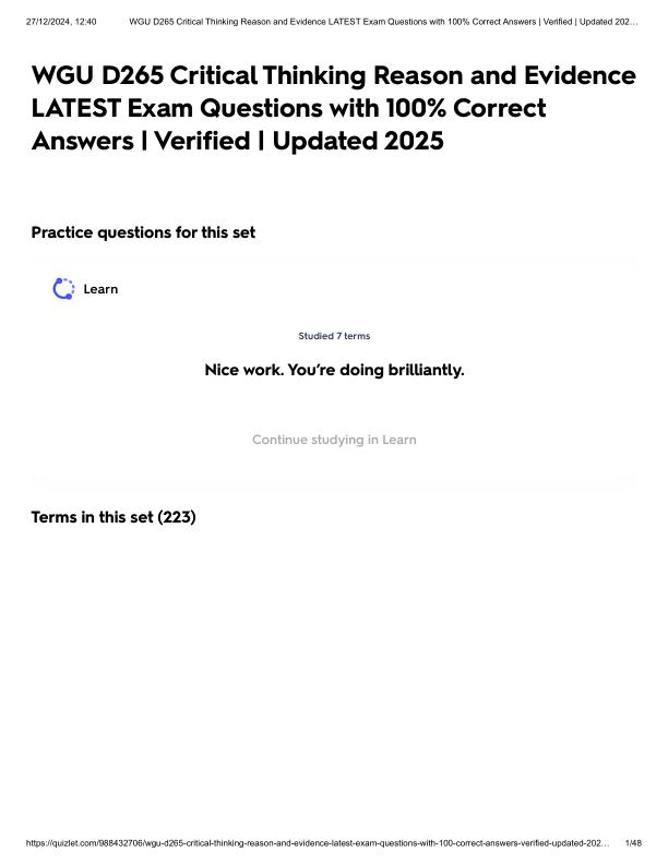 WGU D265 Critical Thinking Reason and Evidence LATEST Exam Questions with 100% Correct Answers _ Verified _ Updated 2025.pdf