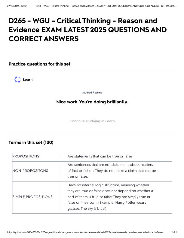 D265 - WGU - Critical Thinking - Reason and Evidence EXAM LATEST 2025 QUESTIONS AND CORRECT ANSWERS.pdf