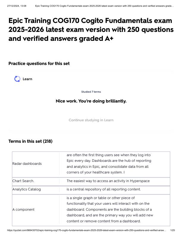 Epic Training COG170 Cogito Fundamentals exam 2025-2026 latest exam version with 250 questions and verified answers graded A+.pdf