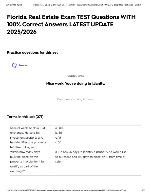 Florida Real Estate Exam TEST Questions WITH 100% Correct Answers LATEST UPDATE 2025_2026.pdf