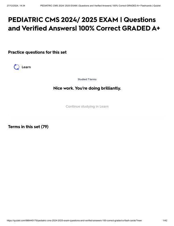 PEDIATRIC CMS 2024_ 2025 EXAM _ Questions and Verified Answers_ 100% Correct GRADED A+ Flashcards _ Quizlet.pdf