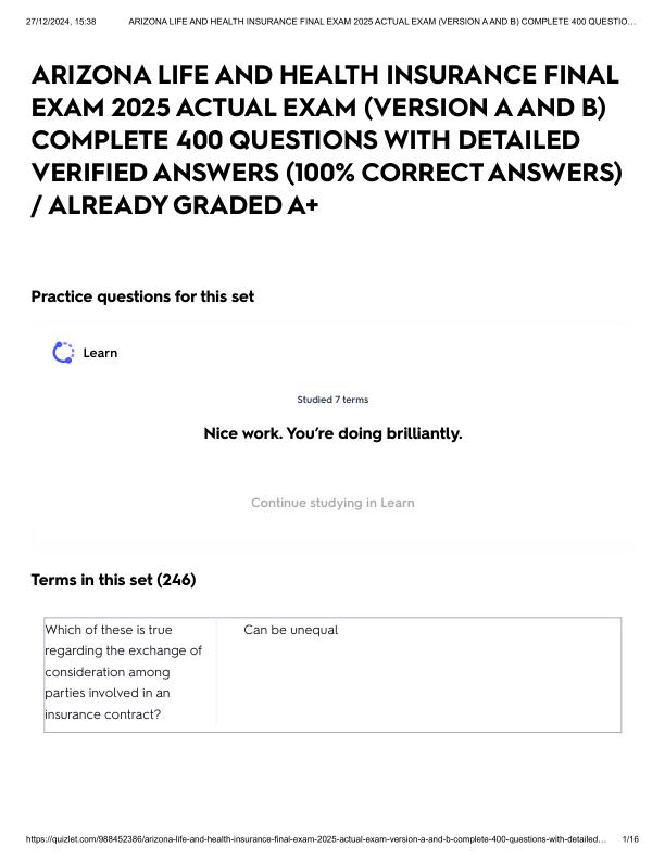 ARIZONA LIFE AND HEALTH INSURANCE FINAL EXAM 2025 ACTUAL EXAM (VERSION A AND B) COMPLETE 400 QUESTIONS WITH DETAILED VERIFIED ANSWERS (100% CORRECT ANSWERS) _ ALREADY GRADED A+.pdf