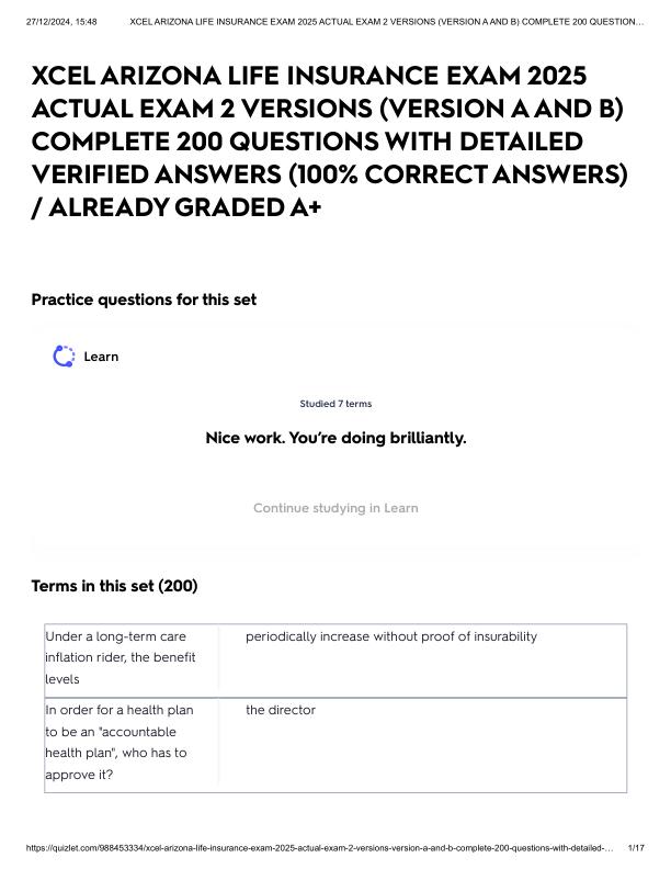 XCEL ARIZONA LIFE INSURANCE EXAM 2025 ACTUAL EXAM 2 VERSIONS (VERSION A AND B) COMPLETE 200 QUESTIONS WITH DETAILED VERIFIED ANSWERS (100% CORRECT ANSWERS) _ ALREADY GRADED A+.pdf