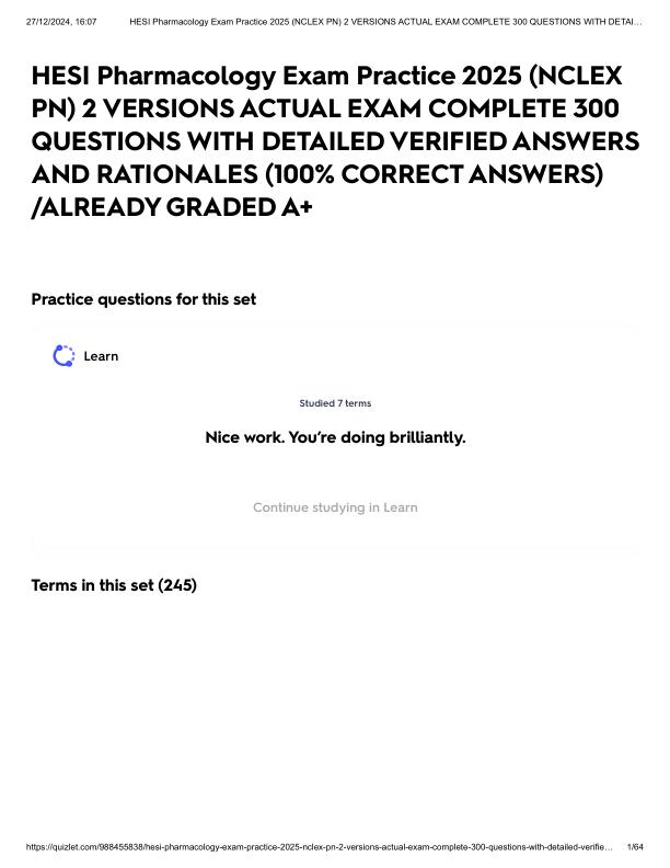 HESI Pharmacology Exam Practice 2025 (NCLEX PN) 2 VERSIONS ACTUAL EXAM COMPLETE 300 QUESTIONS WITH DETAILED VERIFIED ANSWERS AND RATIONALES (100% CORRECT ANSWERS) _ALREADY GRADED A+.pdf