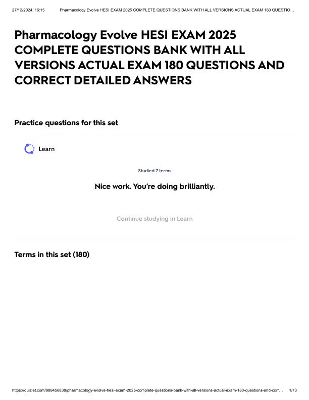 Pharmacology Evolve HESI EXAM 2025 COMPLETE QUESTIONS BANK WITH ALL VERSIONS ACTUAL EXAM 180 QUESTIONS AND CORRECT DETAILED ANSWERS.pdf