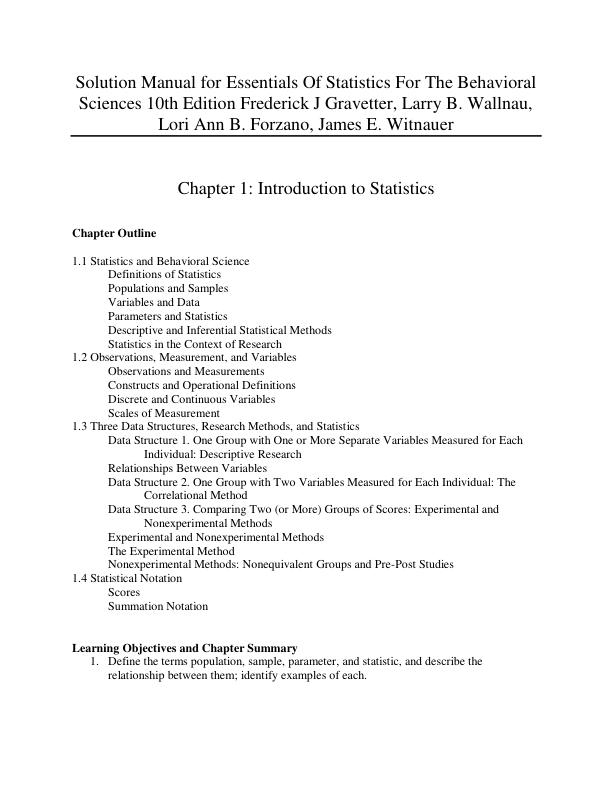 Solution Manual for Essentials Of Statistics For The Behavioral Sciences 10th Edition Frederick J Gravetter, Larry B. Wallnau, Lori Ann B. Forzano, James E. Witnauer.pdf