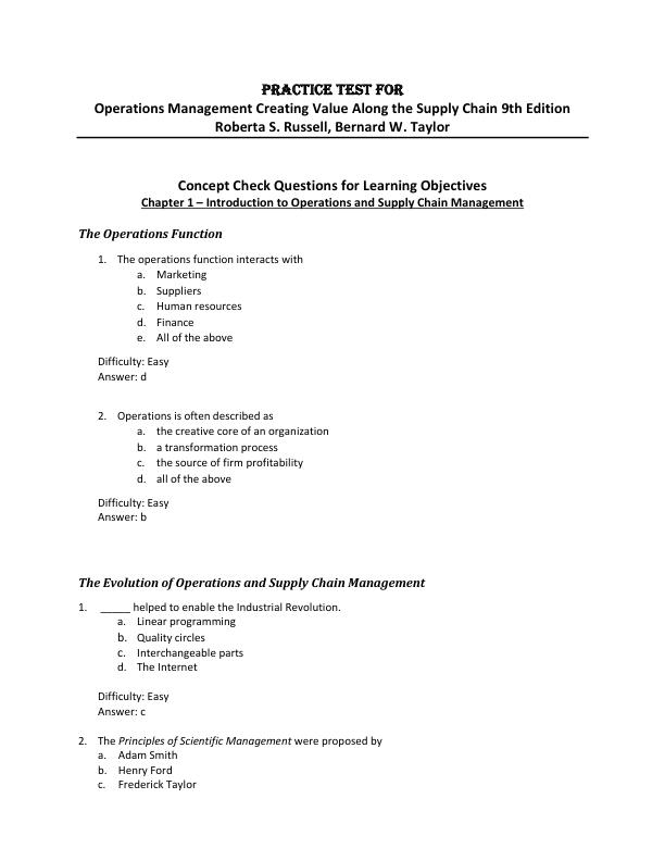 Practice Quiz For Operations Management Creating Value Along the Supply Chain 9th Edition Roberta S. Russell, Bernard W. Taylor.pdf