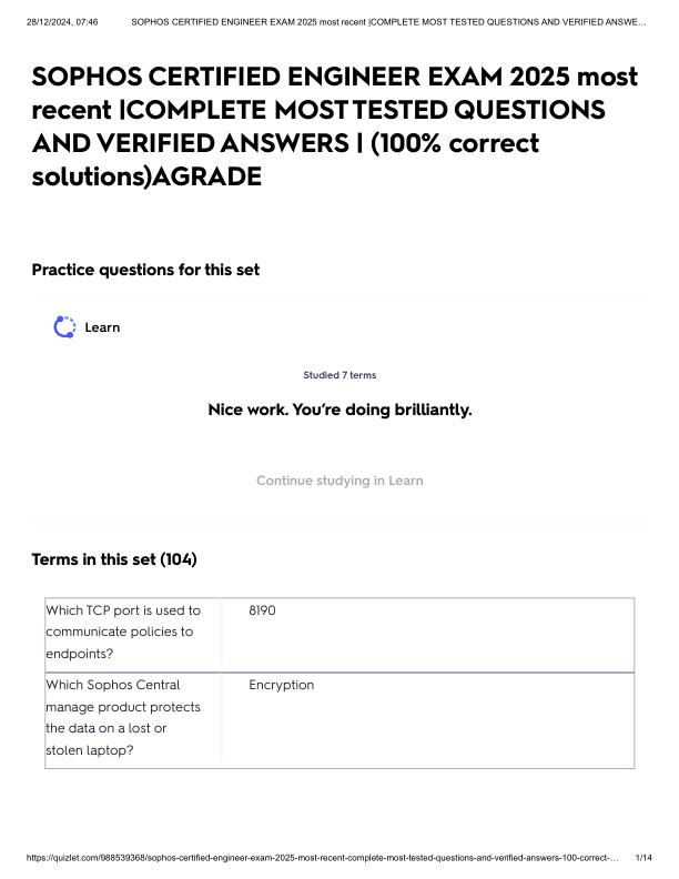 SOPHOS CERTIFIED ENGINEER EXAM 2025 most recent _COMPLETE MOST TESTED QUESTIONS AND VERIFIED ANSWERS _ (100% correct solutions)AGRADE.pdf