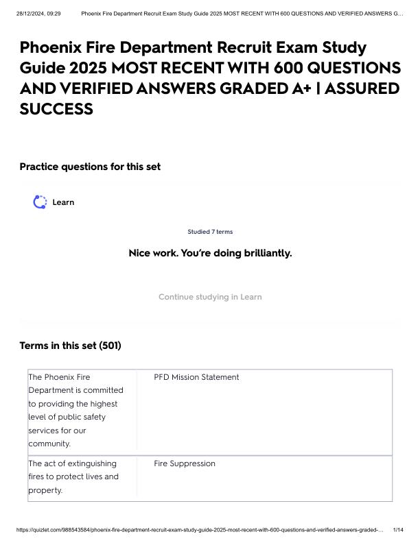 Phoenix Fire Department Recruit Exam Study Guide 2025 MOST RECENT WITH 600 QUESTIONS AND VERIFIED ANSWERS GRADED A+ _ ASSURED SUCCESS.pdf