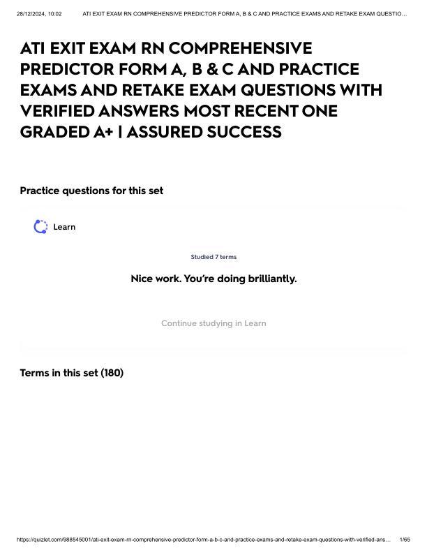 ATI EXIT EXAM RN COMPREHENSIVE PREDICTOR FORM A, B & C AND PRACTICE EXAMS AND RETAKE EXAM QUESTIONS WITH VERIFIED ANSWERS MOST RECENT ONE GRADED A+ _ ASSURED SUCCESS.pdf