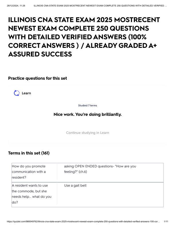 ILLINOIS CNA STATE EXAM 2025 MOSTRECENT NEWEST EXAM COMPLETE 250 QUESTIONS WITH DETAILED VERIFIED ANSWERS (100% CORRECT ANSWERS ) _ ALREADY GRADED A+ ASSURED SUCCESS.pdf