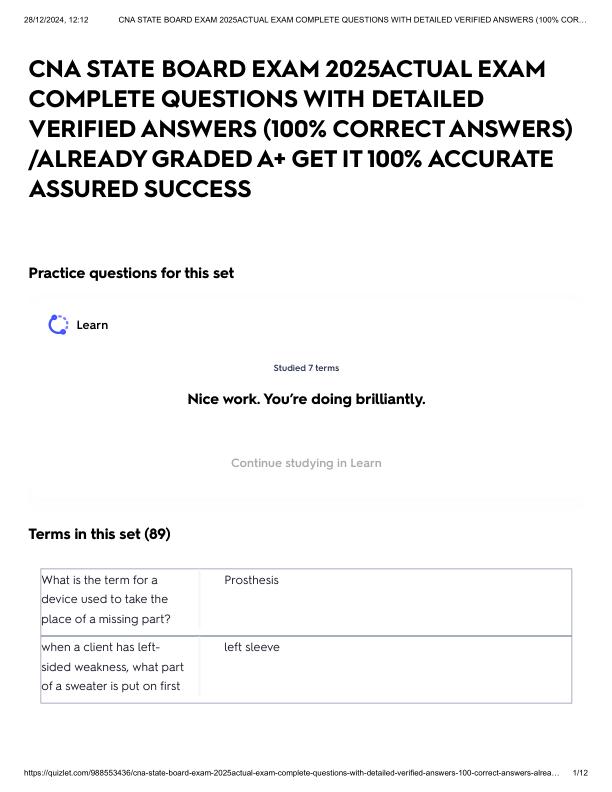 CNA STATE BOARD EXAM 2025ACTUAL EXAM COMPLETE QUESTIONS WITH DETAILED VERIFIED ANSWERS (100 ACCURATE ASSURED SUCCESS.pdf