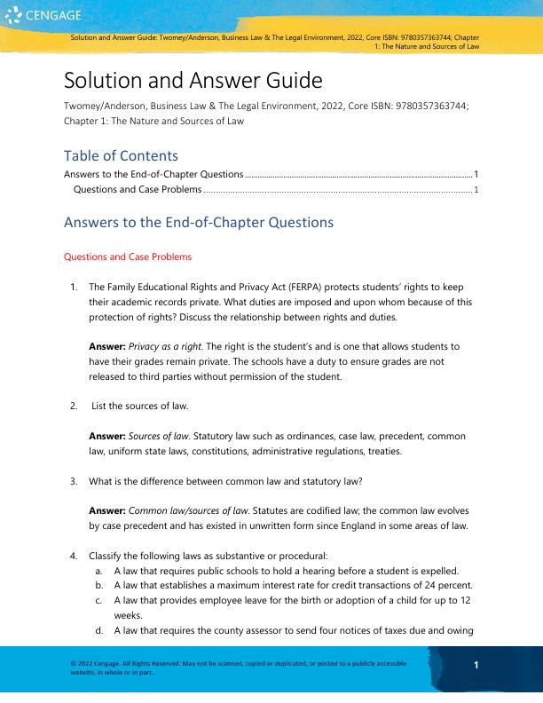 Solution and Answer Guide to Anderson's Business Law & The Legal Environment 2022 24th Edition By David P Twomey, Marianne M Jennings, Stephanie M Greene.pdf