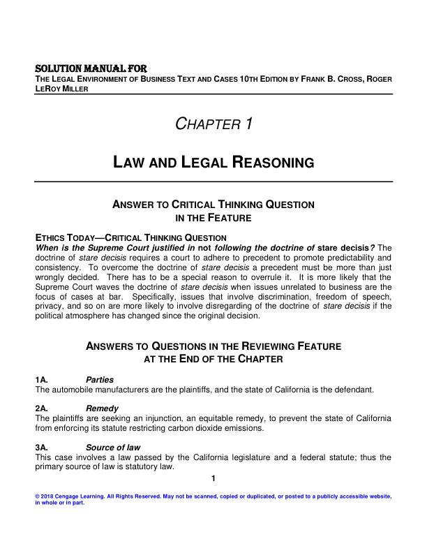 Solution Manual For The Legal Environment of Business Text and Cases 10th Edition by Frank B. Cross, Roger LeRoy.pdf