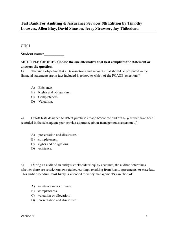Test Bank For Auditing & Assurance Services 8th Edition by Timothy Louwers, Allen Blay, David Sinason, Jerry Strawser, Jay Thibodeau.pdf