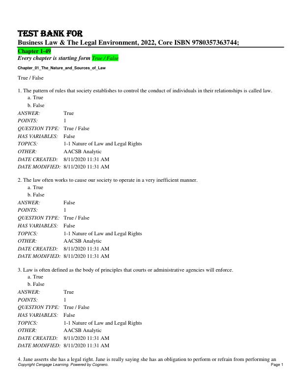 TEST BANK For Anderson's Business Law & The Legal Environment 2022 24th Edition By David P Twomey, Marianne M Jennings, Stephanie M Greene Core ISBN 9780357363744 Chapter 1-49.pdf