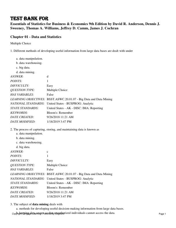 Test Bank For Essentials of Statistics for Business & Economics 9th Edition by David R. Anderson, Dennis J. Sweeney, Thomas A. Williams, Jeffrey D. Camm, James J. Cochran.pdf