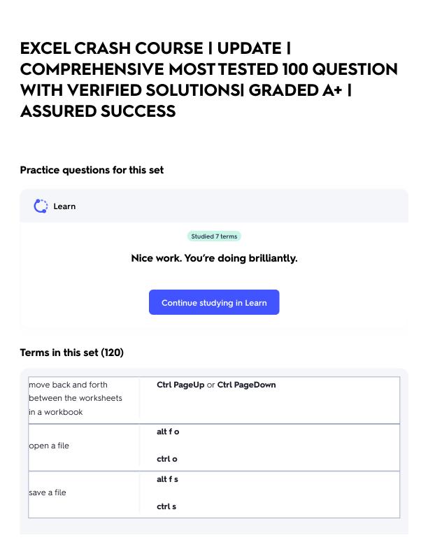 EXCEL CRASH COURSE _ UPDATE _ COMPREHENSIVE MOST TESTED 100 QUESTION WITH VERIFIED SOLUTIONS_ GRADED A+ _ ASSURED SUCCESS.pdf