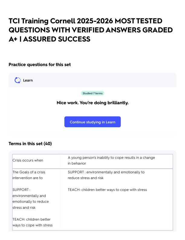 TCI Training Cornell 2025-2026 MOST TESTED QUESTIONS WITH VERIFIED ANSWERS GRADED A+ _ ASSURED SUCCESS.pdf