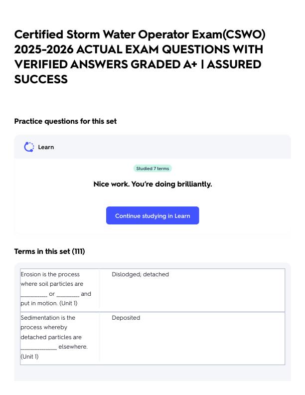 Certified Storm Water Operator Exam(CSWO) 2025-2026 ACTUAL EXAM QUESTIONS WITH VERIFIED ANSWERS GRADED A+ _ ASSURED SUCCESS.pdf