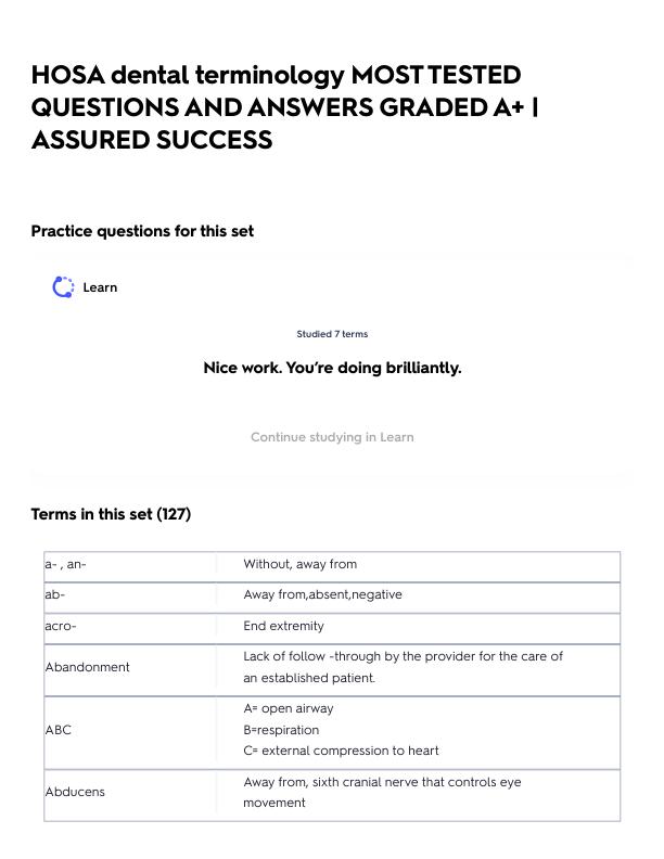 HOSA dental terminology MOST TESTED QUESTIONS AND ANSWERS GRADED A+ _ ASSURED SUCCESS.pdf