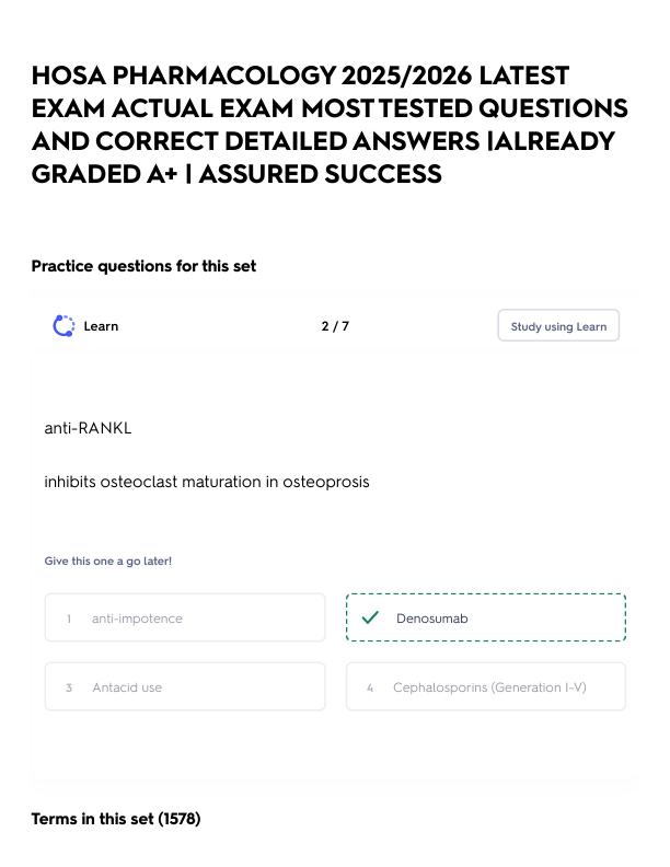 HOSA PHARMACOLOGY 2025_2026 LATEST EXAM ACTUAL EXAM MOST TESTED QUESTIONS AND CORRECT DETAILED ANSWERS _ALREADY GRADED A+ _ ASSURED SUCCESS.pdf