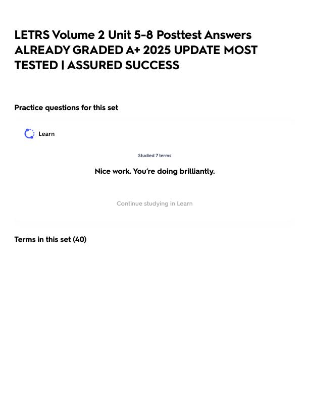 LETRS Volume 2 Unit 5-8 Posttest Answers ALREADY GRADED A+ 2025 UPDATE MOST TESTED _ ASSURED SUCCESS.pdf