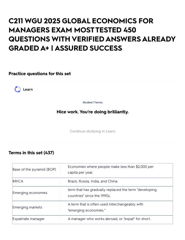 C211 WGU 2025 GLOBAL ECONOMICS FOR MANAGERS EXAM MOST TESTED 450 QUESTIONS WITH VERIFIED ANSWERS ALREADY GRADED A+ _ ASSURED SUCCESS.pdf