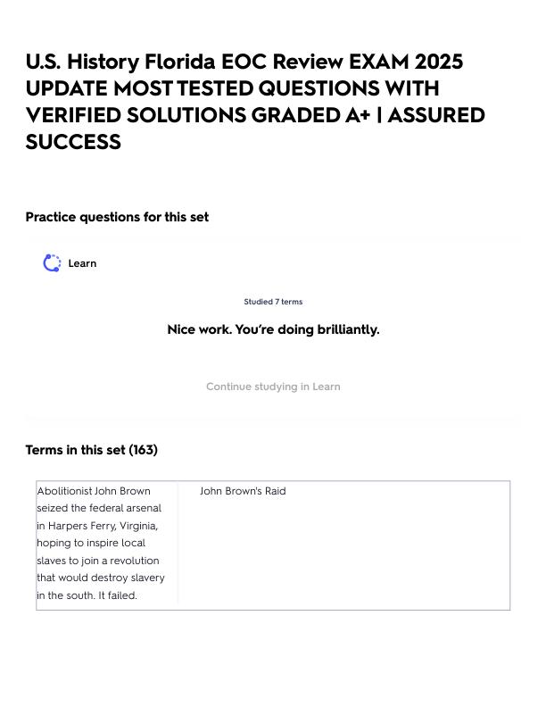 U.S. History Florida EOC Review EXAM 2025 UPDATE MOST TESTED QUESTIONS WITH VERIFIED SOLUTIONS GRADED A+ _ ASSURED SUCCESS.pdf