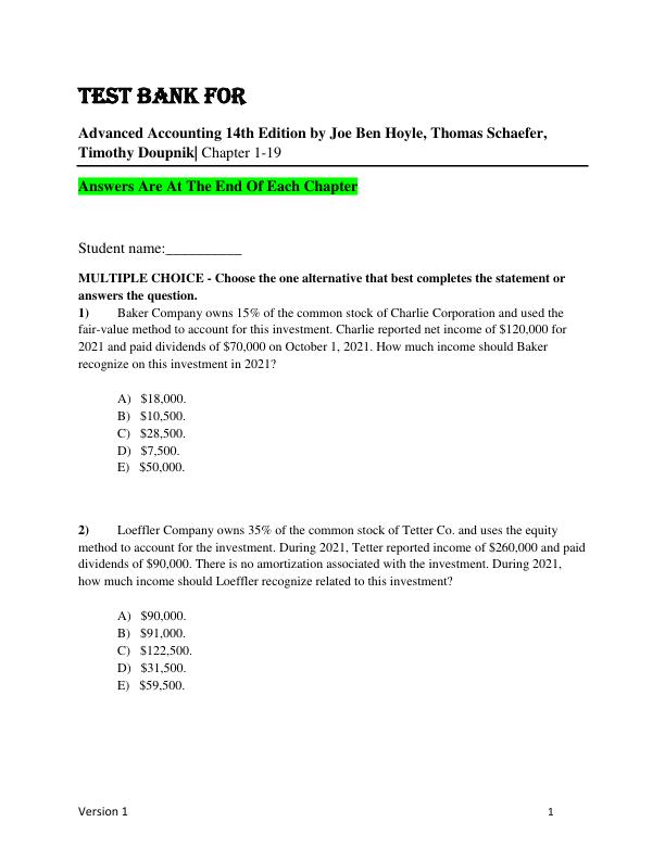 Test Bank for Advanced Accounting 14th Edition by Joe Ben Hoyle, Thomas Schaefer, Timothy Doupnik Ch 1-19.pdf