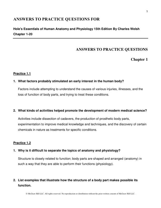 ANSWERS TO PRACTICE QUESTIONS FOR Hole's Essentials of Human Anatomy and Physiology 15th Edition By Charles Welsh.pdf