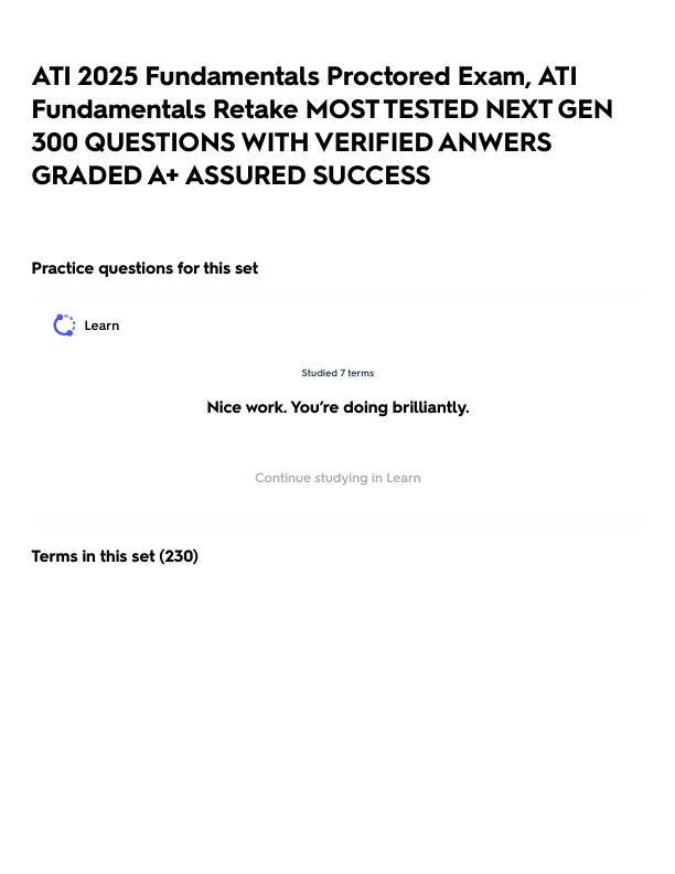 ATI 2025 Fundamentals Proctored Exam, ATI Fundamentals Retake MOST TESTED NEXT GEN 300 QUESTIONS WITH VERIFIED ANWERS GRADED A+ ASSURED SUCCESS.pdf