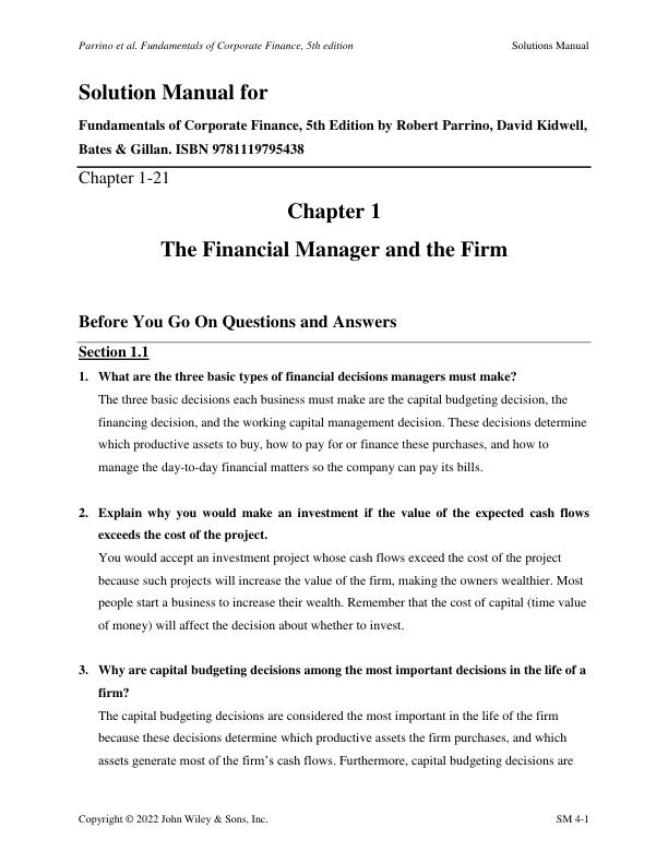 Solution Manual for Fundamentals of Corporate Finance, 5th Edition by Robert Parrino, David Kidwell, Bates & Gillan. ISBN 9781119795438.pdf