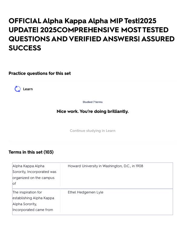 OFFICIAL Alpha Kappa Alpha MIP Test_2025 UPDATE_ 2025COMPREHENSIVE MOST TESTED QUESTIONS AND VERIFIED ANSWERS_ ASSURED SUCCESS.pdf