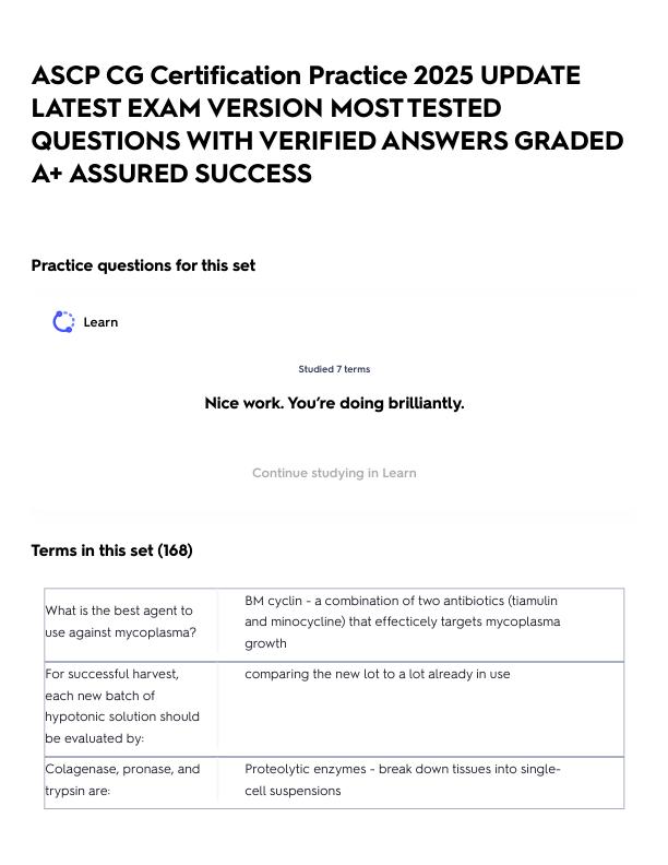 ASCP CG Certification Practice 2025 UPDATE LATEST EXAM VERSION MOST TESTED QUESTIONS WITH VERIFIED ANSWERS GRADED A+ ASSURED SUCCESS.pdf