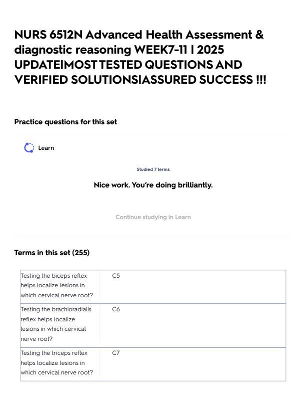 NURS 6512N Advanced Health Assessment & diagnostic reasoning WEEK7-11 _ 2025 UPDATE_MOST TESTED QUESTIONS AND VERIFIED SOLUTIONS_ASSURED SUCCESS.pdf