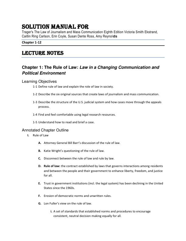 Solution Manual For Trager's The Law of Journalism and Mass Communication 8th Edition Victoria Smith Ekstrand, Caitlin Ring Carlson, Erin Coyle, Susan Dente Ross, Amy Reynolds Chapter 1-12.pdf