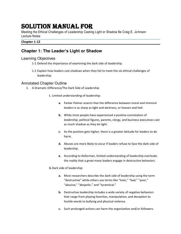 Solution Manual For Meeting the Ethical Challenges of Leadership Casting Light or Shadow 8th Edition by Craig E. Johnson Chapter 1-12.pdf