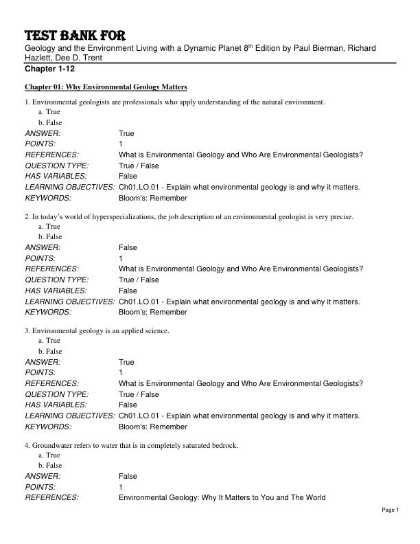 Solution Manual For Geology and the Environment Living with a Dynamic Planet 8th Edition by Paul Bierman, Richard Hazlett, Dee D. Trent Chapter 1-12.pdf