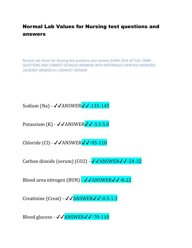 Normal Lab Values for Nursing test questions and answers.pdf