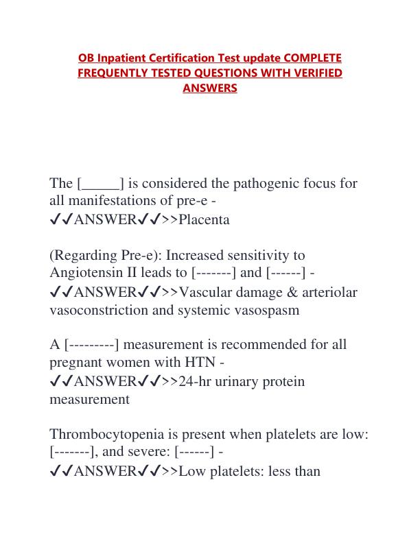 OB Inpatient Certification Test update COMPLETE FREQUENTLY TESTED QUESTIONS WITH VERIFIED ANSWERS.pdf